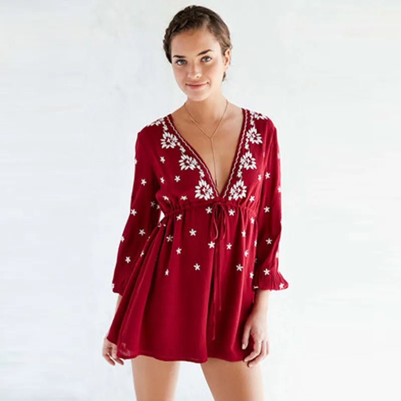 Boho Макси платье 2017 Новинка глубокий v образный Вырез эластичный пояс цветочный