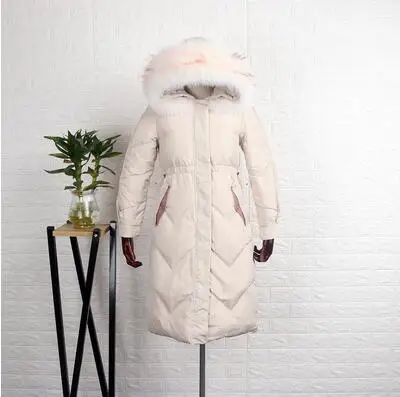 beige coat-fur Большой воротник из натурального Лисьего меха, зимнее пальто для женщин с капюшоном, Женская длинная пуховая парка, теплая Тонкая зимняя верхняя одежда, куртки-пуховики на белом утином пуху, пальто - Цвет: beige coat-fur