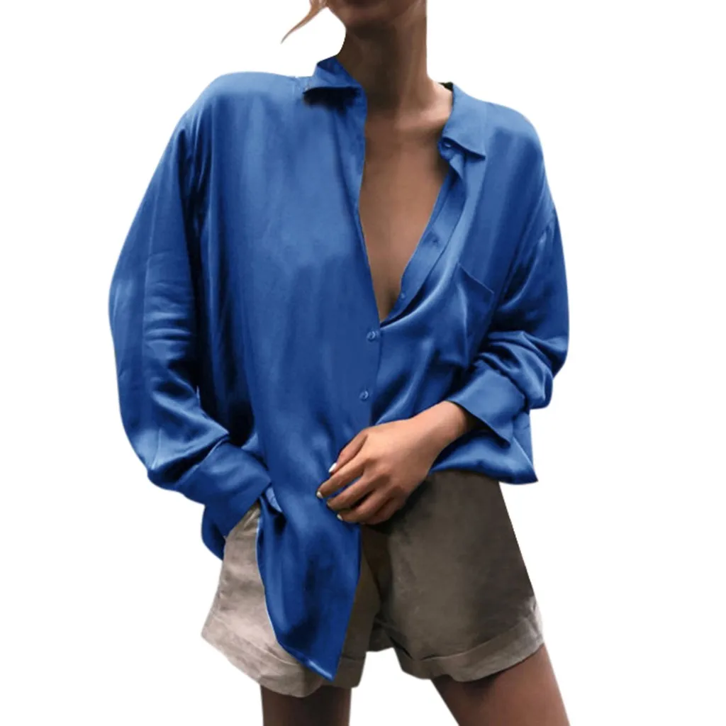 

Deep V Neck Casual Satin Shirts Blouses Long-sleeved Lapel Button Woman Solid Color Slim Cardigan Basic Single-breasted Tops #SR