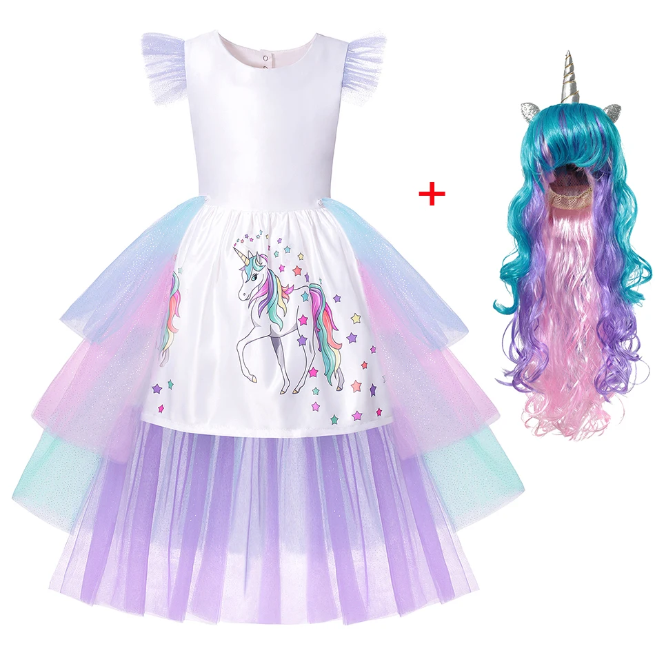 Dress with wig Нарядное платье с единорогом для девочек, с открытой спиной, со съемным длинным хвостом, бальное платье, детское платье принцессы, вечерние платья с единорогом, Детский костюм на выпускной, день рождения - Цвет: Dress with wig