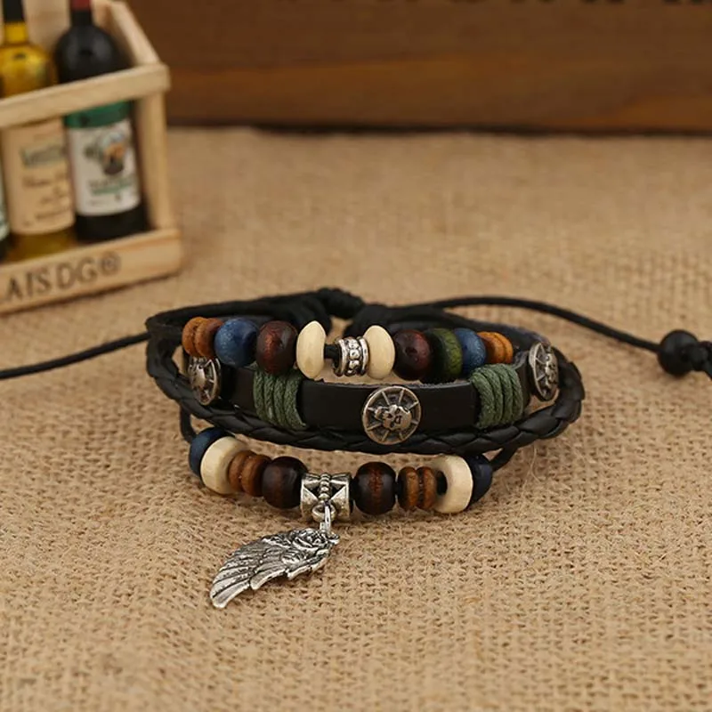 Retro Punk Fashion Style Charm Leather Bracelets Leaf Pendant Beaded Strands Gift For Man Women Family Present Hot Sale | Украшения и