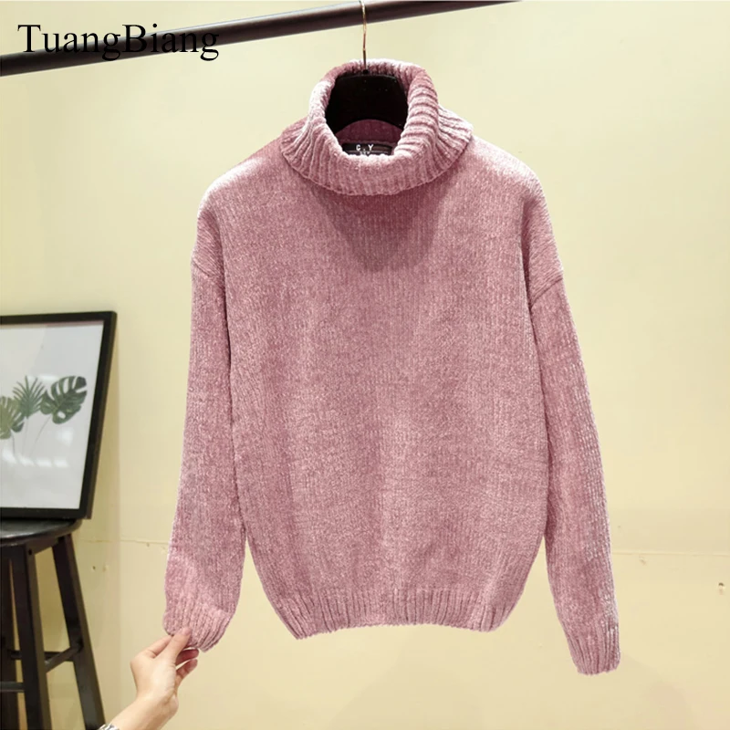 Chic Vintage Chenille Cashmere Womens Full sleeve Gold Velvet Sweaters Winter Ladies Solid Turtleneck Loose Female jumpers 2020 | Женская