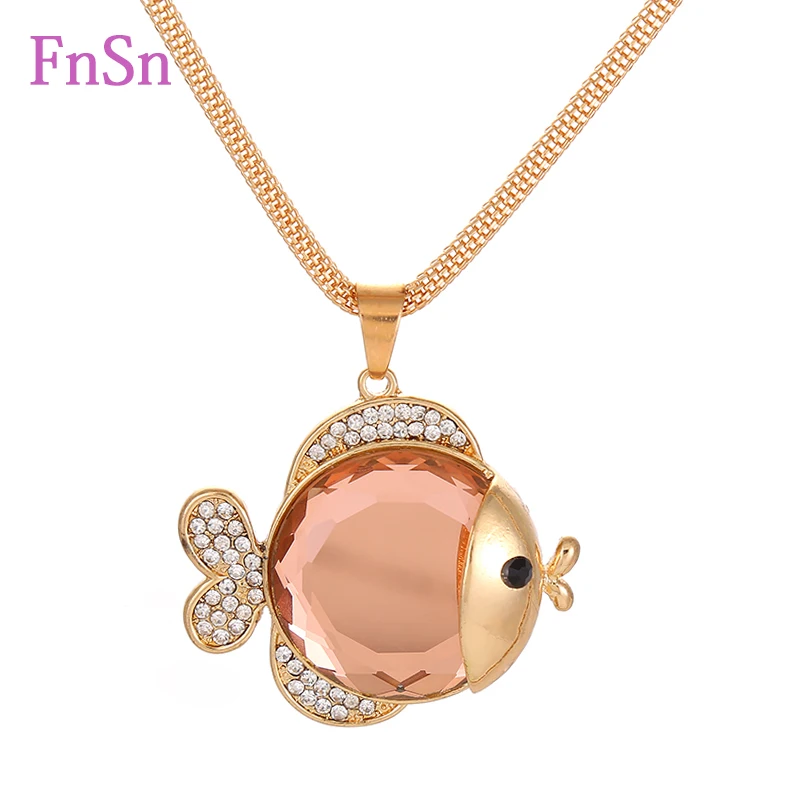 Женское ожерелье с подвеской длинное золотого цвета кристаллом в виде рыбы|necklace