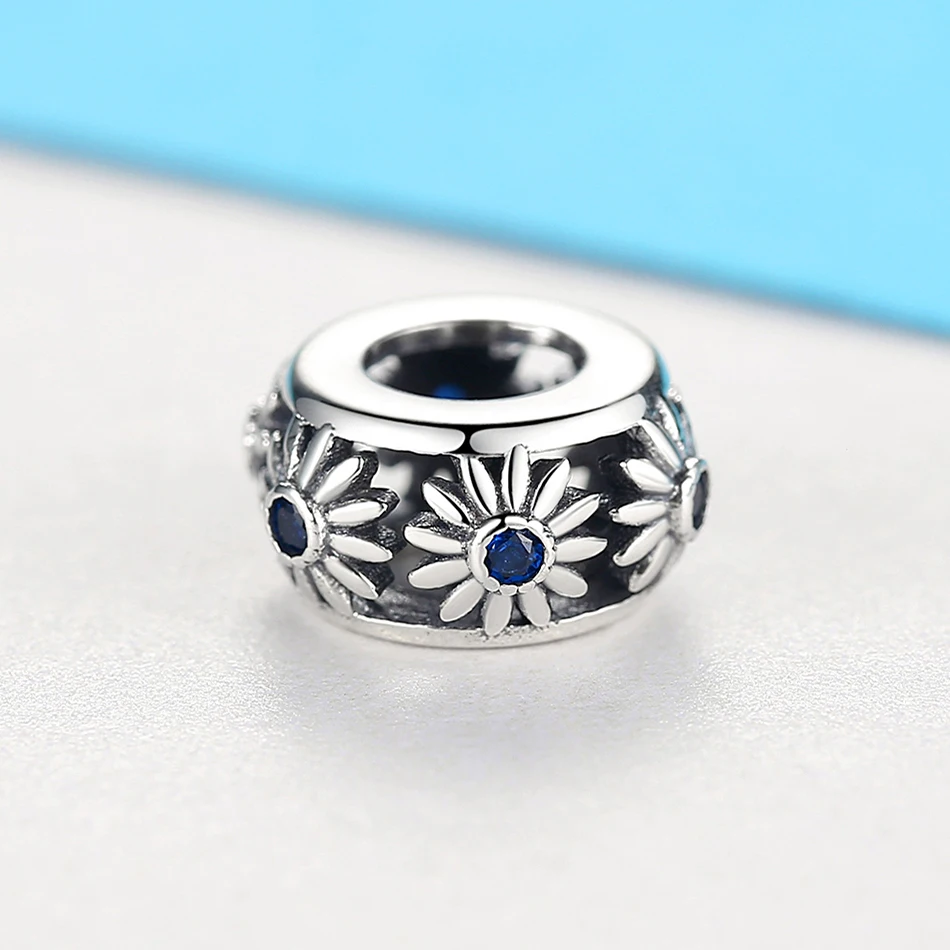 В европейском стиле Дейзи цветок бусины синий CZ из стерлингового серебра 925