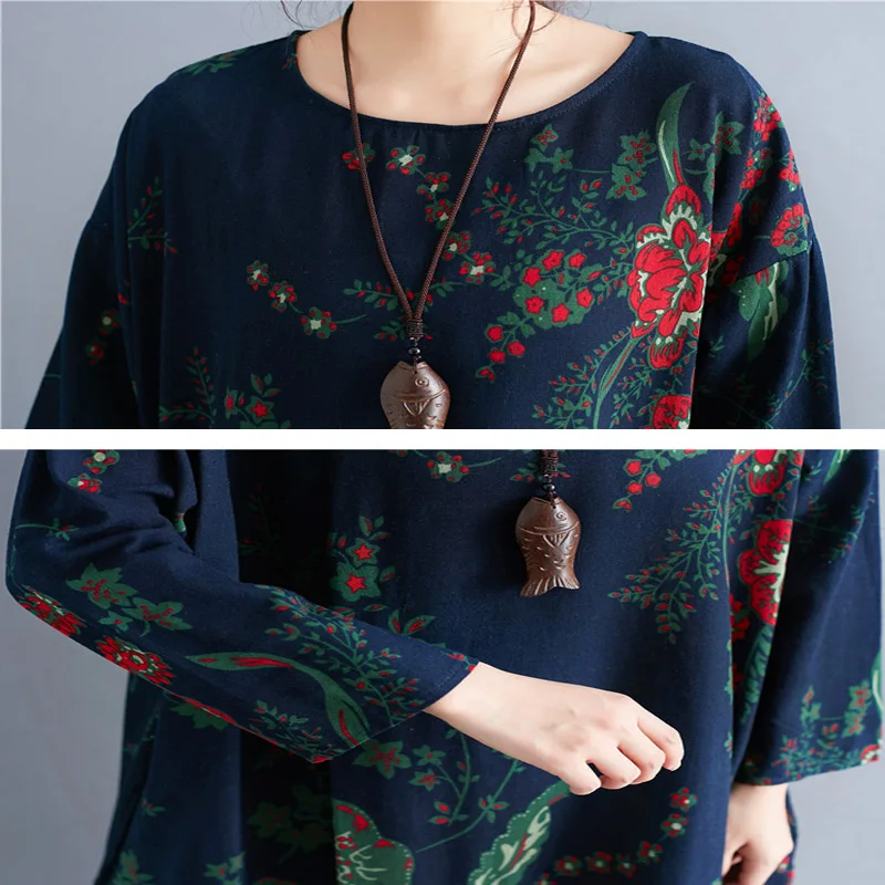 

National wind Cotton and Linen dress 2020 Spring Autumn loaded new large size loose long-sleeved womens dresses robe femme