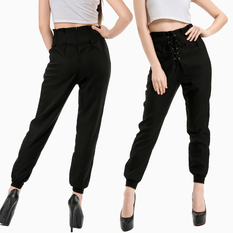 Женские сексуальные брюки узкие на шнуровке с высокой талией модные однотонные