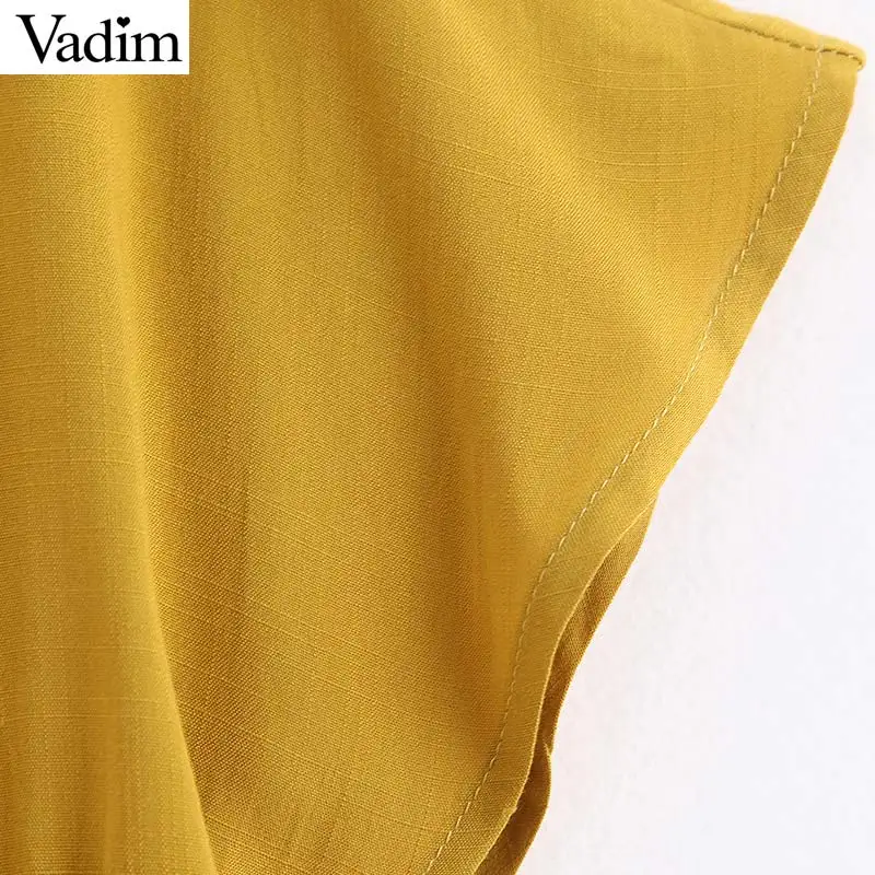 Vadim women sweet V neck yellow tops short sleeve solid elastic pleated blouse female casual cute summer shirt blusas DA548 |