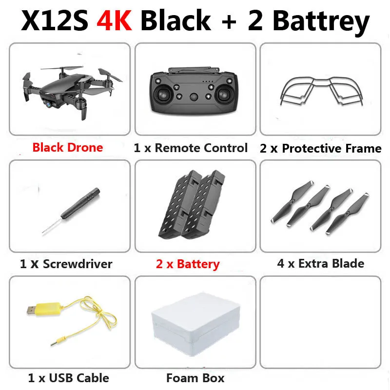 4K Black 2B Foam X12S Wi-Fi FPV мини складной Дрон Двойная камера 1080P 4K оптический поток воздушная видео профессиональный Радиоуправляемый квадрокоптер Вертолет игрушка SG106 - Цвет: 4K Black 2B Foam