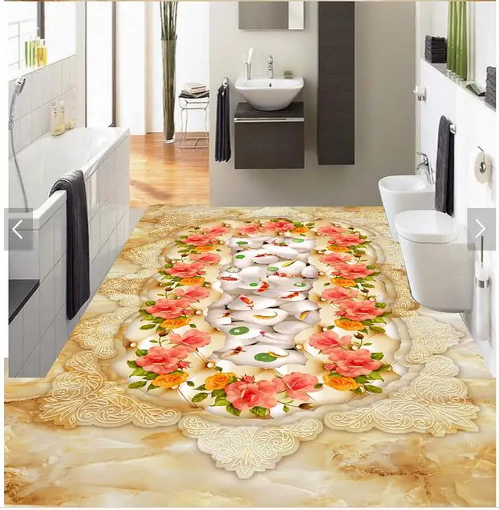 3D обои с рисунком пола в европейском стиле лотос цветок карп мрамор ванная