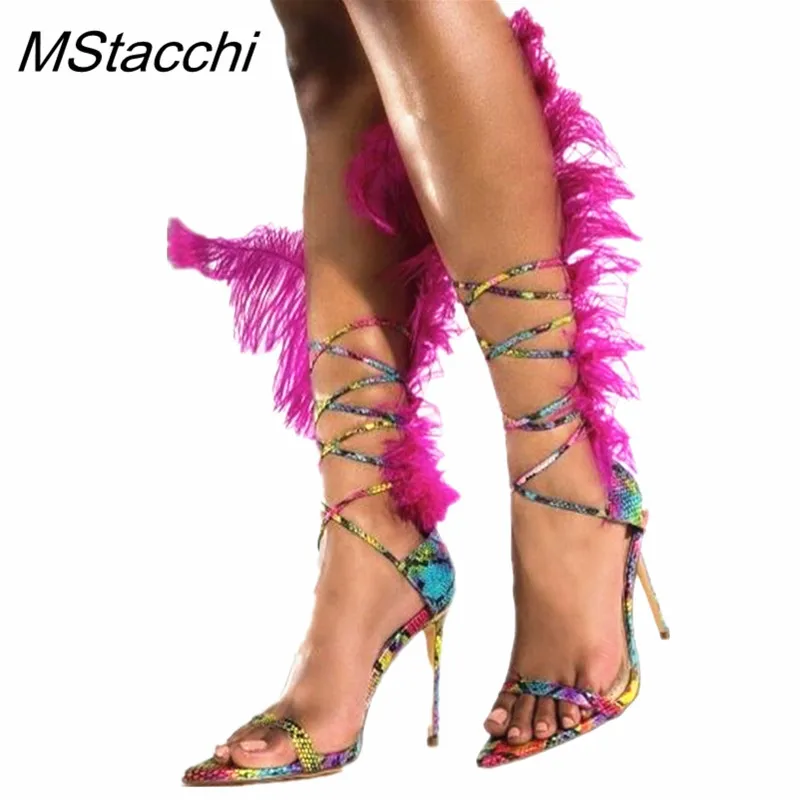 

MStacchi New Feather Sandals For Women Ostrich Hair Decor High Heel Sandalia Feminina Gladiators Sandals Ladies Fur Party Shoes