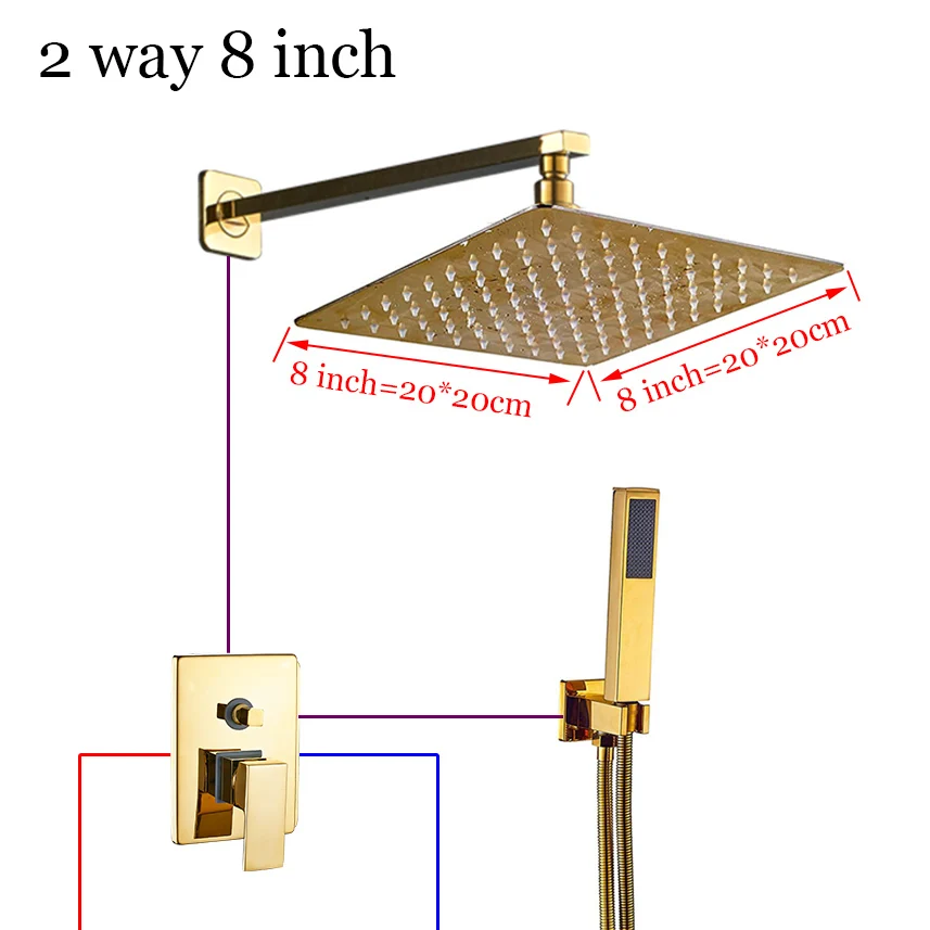 A2 Way 8 Inch Оптом и в розницу Золотой Латунь shovr головка одной ручкой Клапан смеситель W/ручной душ горячий и холодный смеситель - Цвет: A2 Way 8 Inch