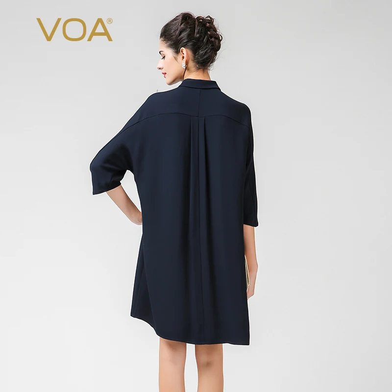 VOA офисная блуза из тяжелого шелка размера плюс 5XL длинные женские топы темно-синего цвета Повседневная крутая рубашка бойфренда Базовая официальная Весенняя B7395