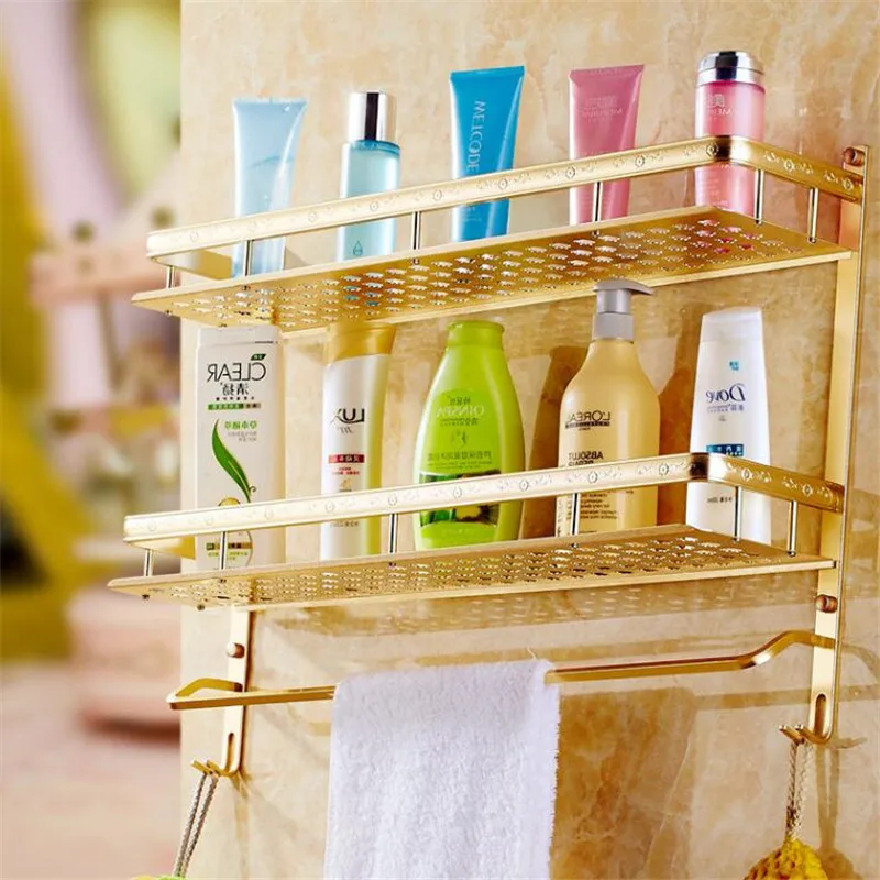 

Bathroom Shelf Aluminum Bath Shower Rack Bath Shower Shelf Bath Shower Caddy Holder Wall Mounted Gold 1-2 Tier Corner Shelf