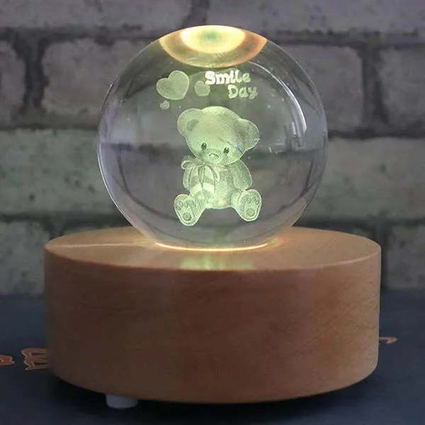 3D Музыкальная шкатулка в виде хрустального шара ночной Светильник Светодиодный Настольные лампы лист лося Роза медведь Одуванчик луна лампа с подарочной коробкой для украшения дома - Испускаемый цвет: Bear