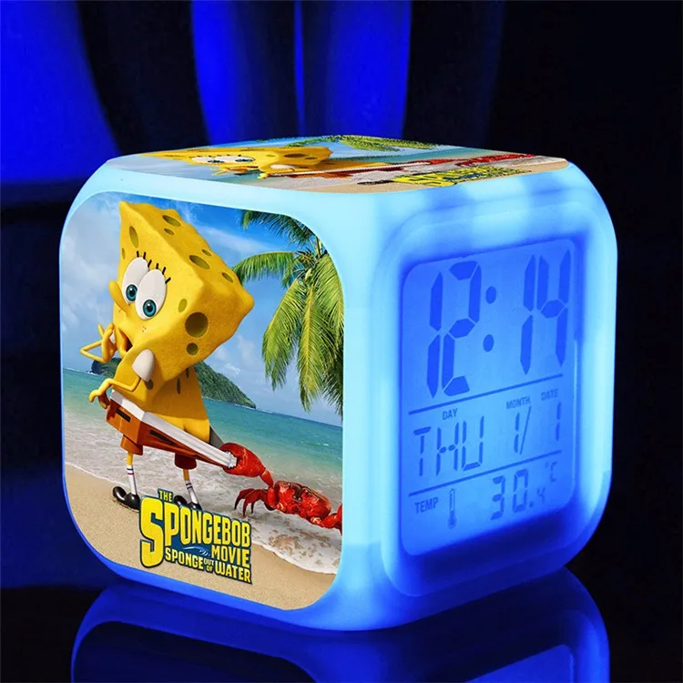 SpongeBob светодиодный Будильник 7 цветов светящийся большой экран цифровой детский будильник подарок на день рождения многофункциональные сенсорные часы - Цвет: Фиолетовый