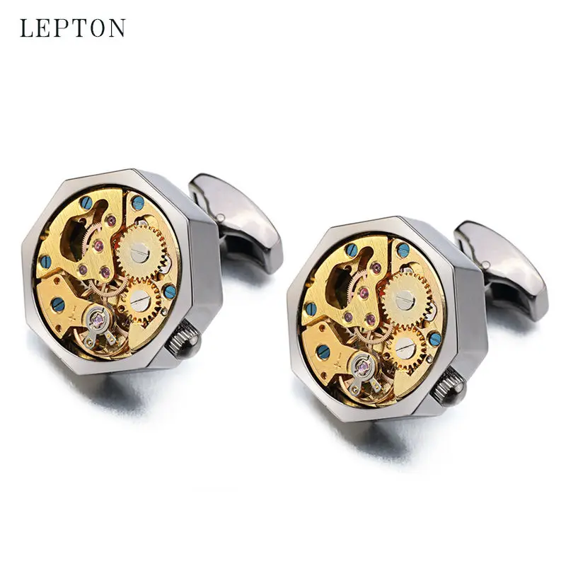 

Hot Sale Gold Watch Movement Cufflinks For Men Gift Lepton Immovable Stainless Steel Steampunk Gear Cufflink Relojes gemelos