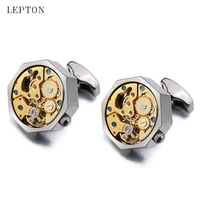 lepton gold watch movement cufflinks for immovable stainless steel steampunk gear watch cuff links for mens relojes gemelos