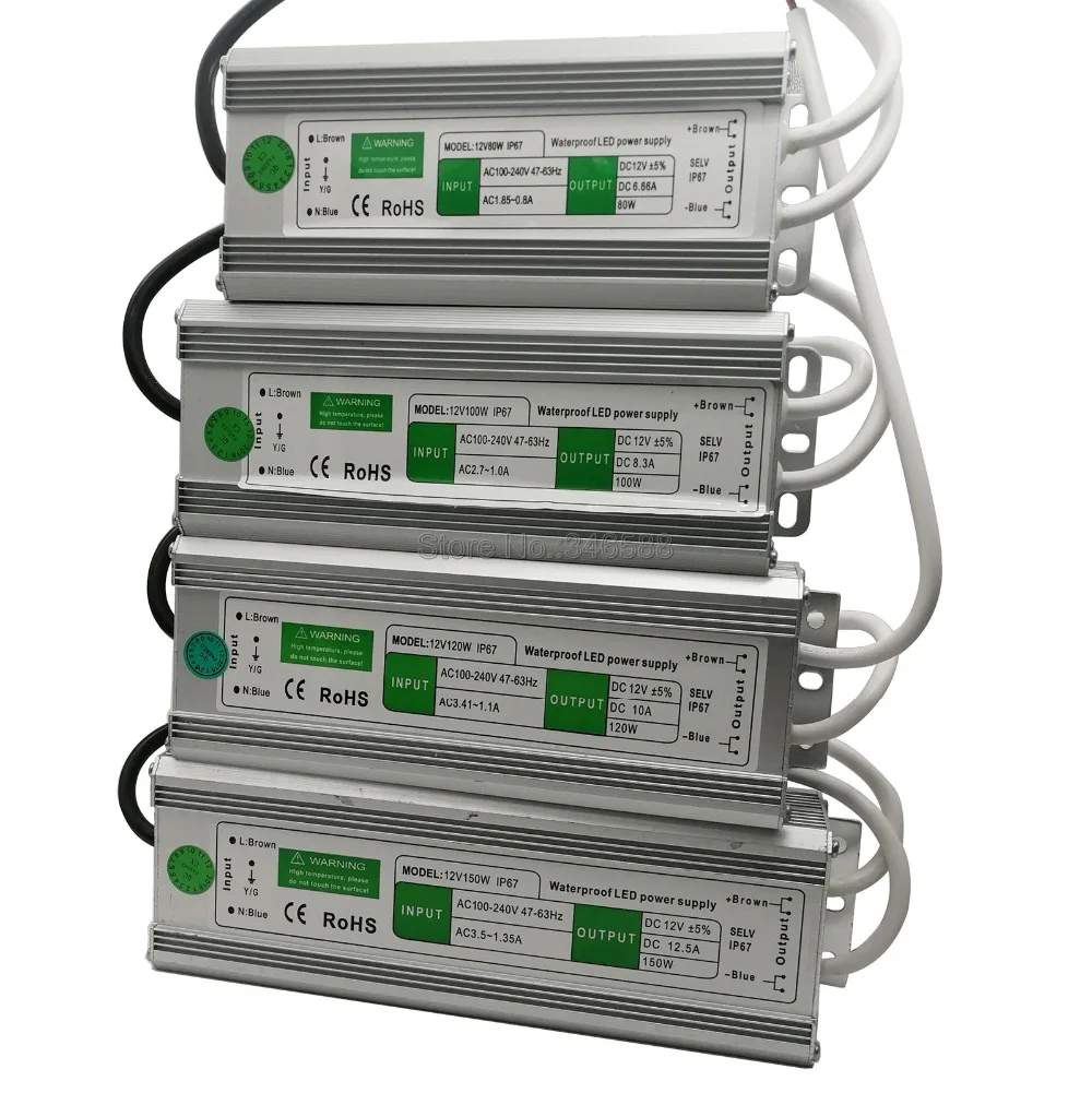 DC12V IP67 Водонепроницаемый Открытый Светодиодный драйвер освещения трансформаторный источник питания мощностью 10 Вт, 15 Вт, 20 Вт, 25 Вт 30 Вт, светодиодные полосы освещения мощностью 45 Вт, 50 Вт, 60 Вт, 80 Вт, 100 Вт 120 W 150 W