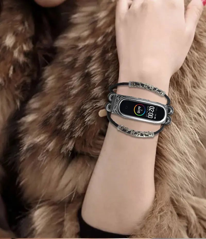 AKGLEADER для Xiaomi mi Band 4 3 nfc Ретро ремешок для часов из натуральной кожи с ювелирным ремешком металлический гравировальный чехол для mi Band 3 4