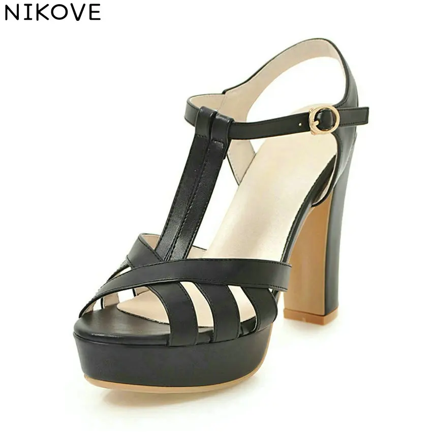 

NIKOVE 2018 Slingback Sandals Buckle Strap Women Sandals Shoes Round Toe Platform PU Square High Heels Ladies Shoes Size 34-43