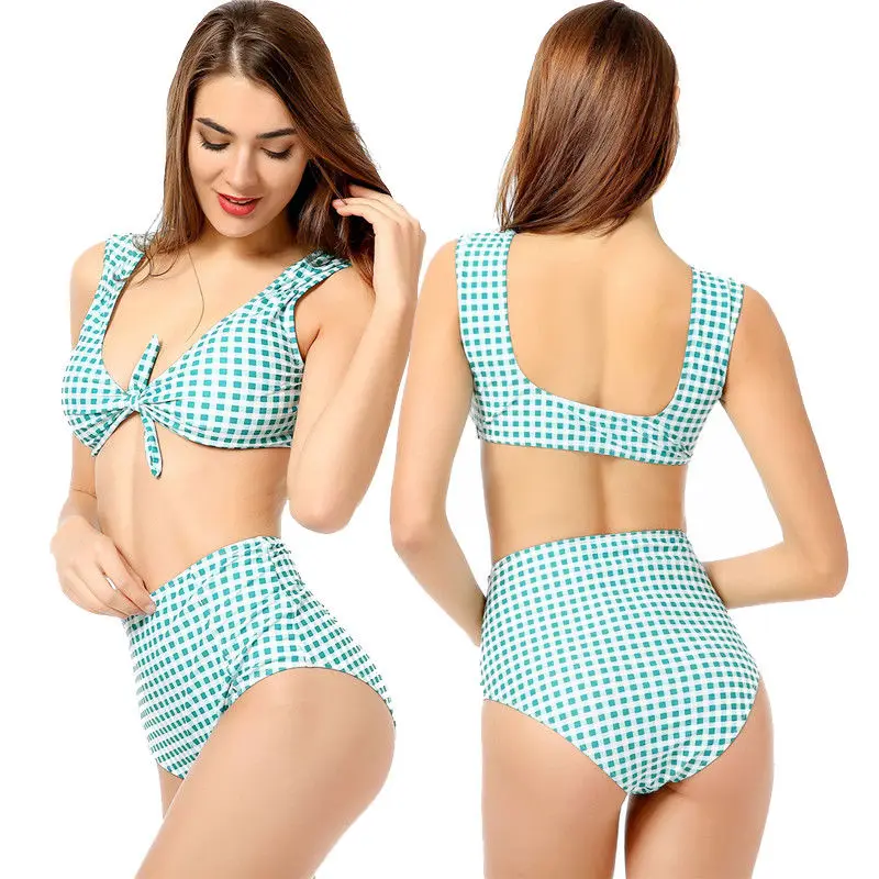 Binikis Set 2018 Summer New Plaid Bandage Bikinis Women Swimwear High Waist Swimsuits Push-Up Padded Bra Beachwear Bathing Suits | Женская