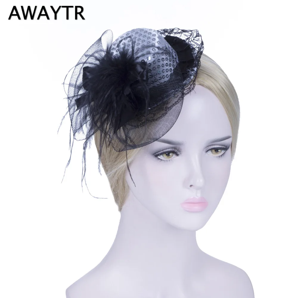 AWAYTR, чародейка, женская шляпа с вуалью, новинка, перо, цветочный рисунок, заколки для волос, вуаль, аксессуары для волос шляпы, бант, для девушек, заколки для волос, вечерние