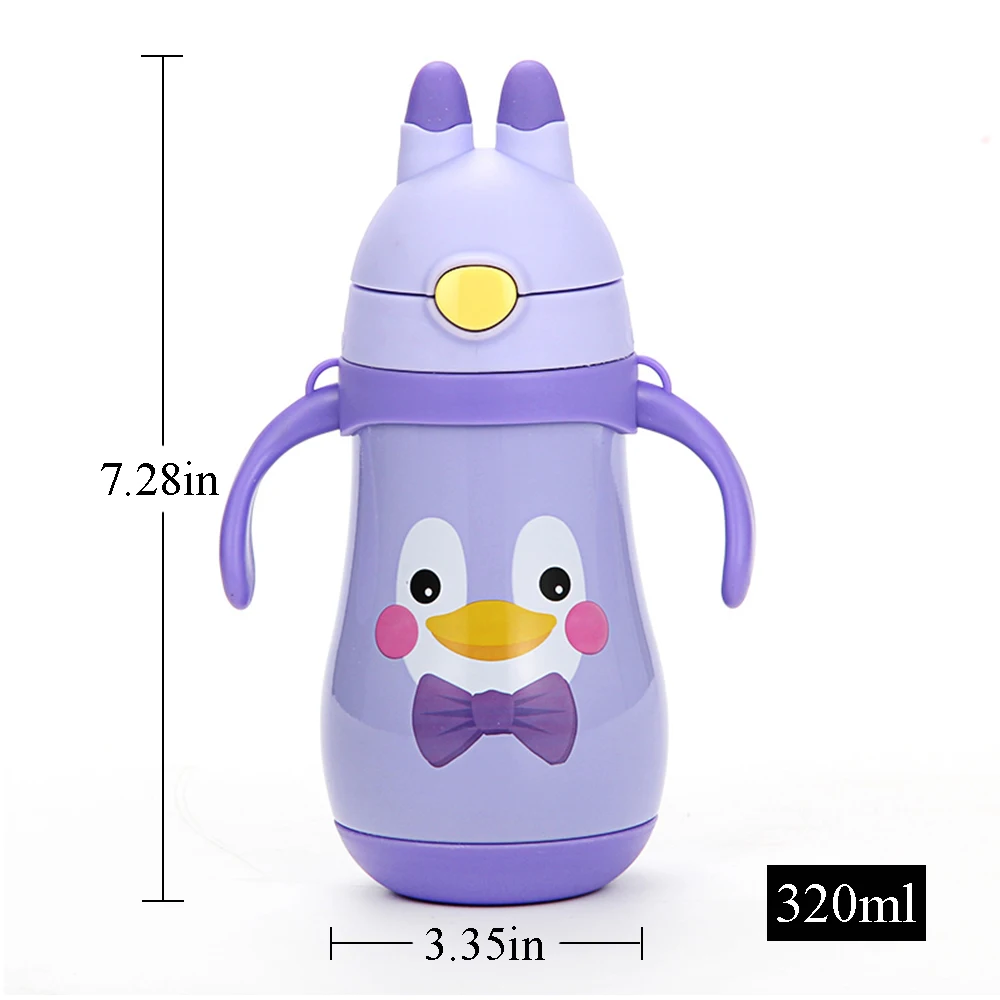320ml children's vacuum cup with straw comfortable handle with straps 4 colors kid's water cup Stainless Steel Thermos Mug - Color: Purple