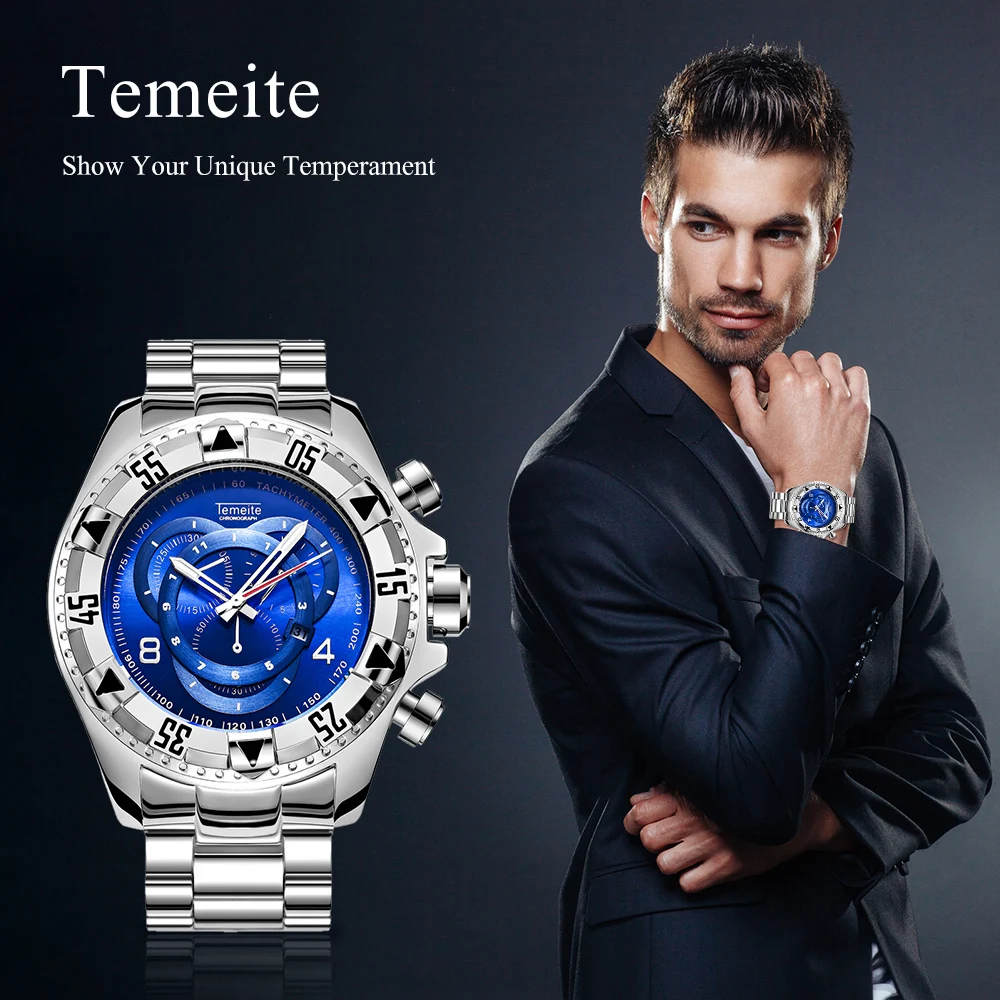 Temeite Men's Watches Fashion Sports Watches Luxury Big Dial Quartz Watch Clock Alloy Band Calendar Luminous Wristwatches