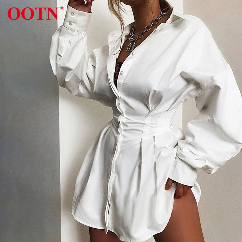 OOTN отложной воротник офисная рубашка платье дамы фонарь с длинным рукавом Элегантная плиссированная Туника белые женские платья осень
