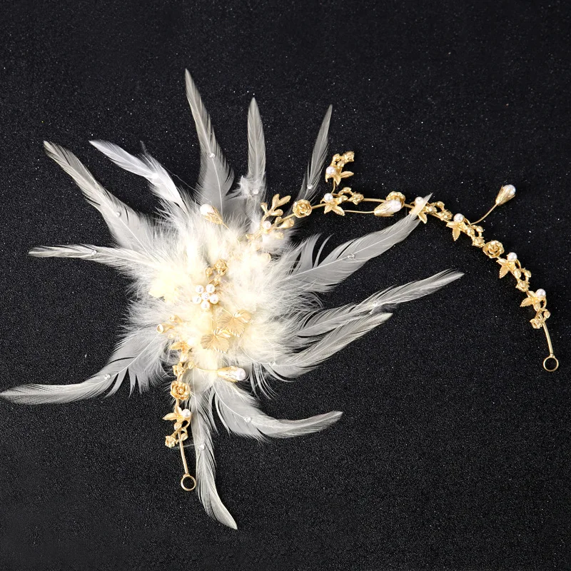 

Новый Свадебный ободок для волос ручной работы с перьями свадебные аксессуары для волос жемчуг Невесты ободки для выпускного Золотая мягка...