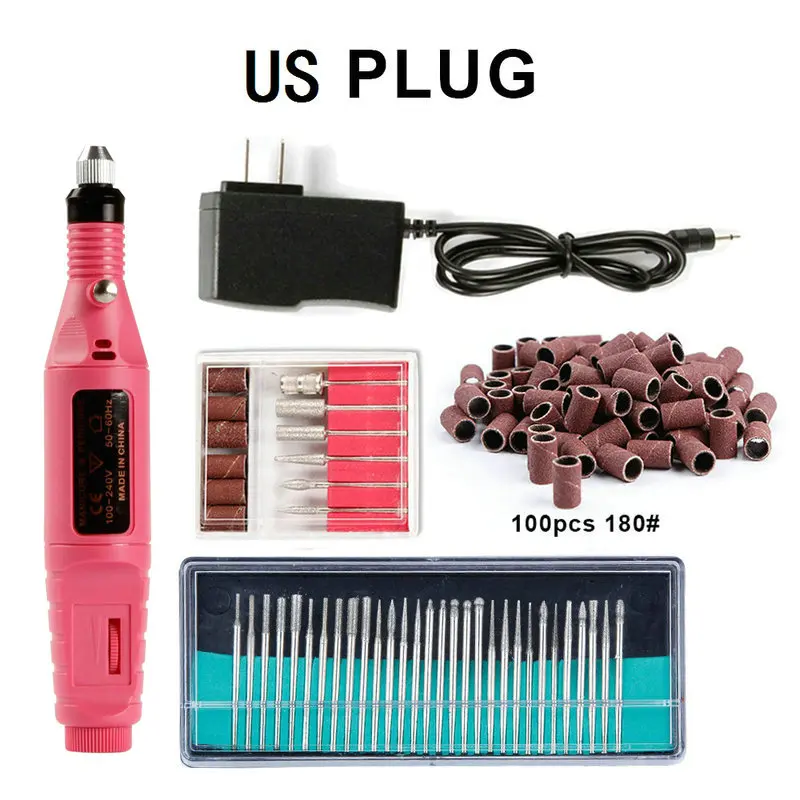 pink US 180 Гель для удаления кутикулы Электрический Маникюрный станок 30 шт. фрезы сверла Шлифовальные полосы Appartus для маникюра дизайн ногтей - Цвет: pink US 180