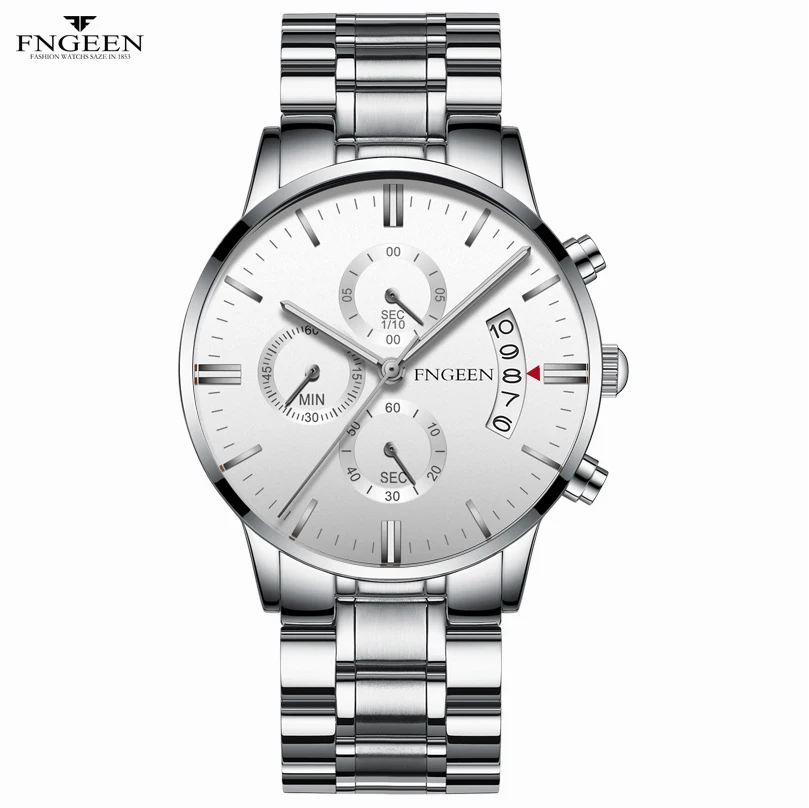 silver steel white Модные кварцевые мужские часы, мужские часы, брендовые Роскошные мужские часы, деловые наручные часы, автоматические часы с датой - Цвет: silver steel white