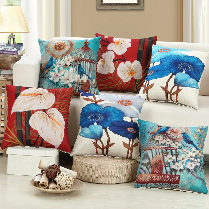 Синие цветы узор Чехлы для подушек Винтаж печатной площади Подушки Детские