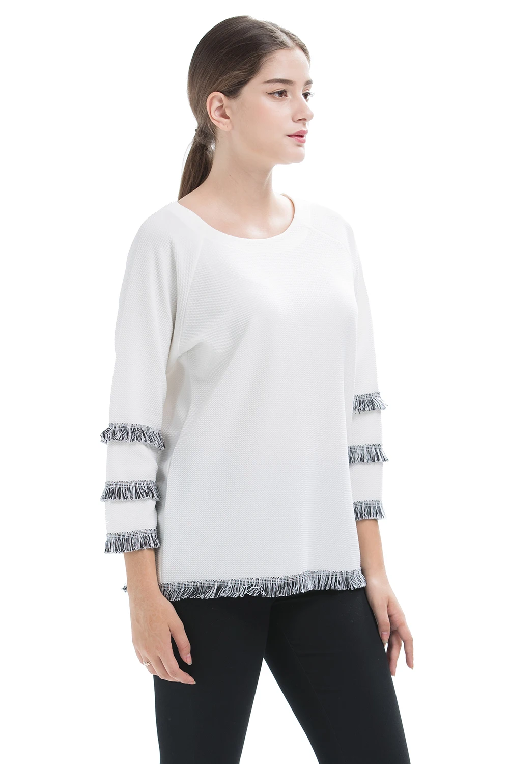 Для женщин Повседневное белая футболка модные Дизайн с длинным рукавом О