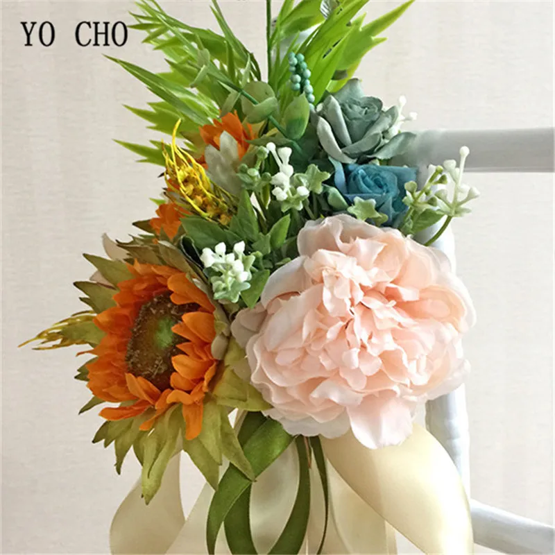 

YO CHO DIY Wedding Party Artificial Bridal Bouquet Silk Sunflower Peony Chair Door Window Home Church Office Decoration Flowers