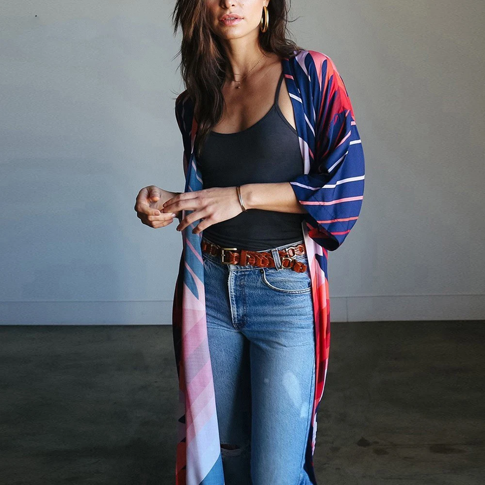 Bsubseach шифоновое кимоно с принтом длинное Полосатое купальное бикини купальный