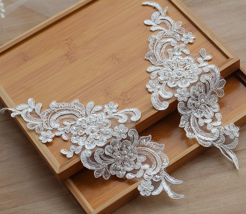 Ivory Alencon Lace Applique Beaded Sequined Patch For Wedding Supplies Bridal Hair Flower Headpiece 1 pair S020 | Дом и сад