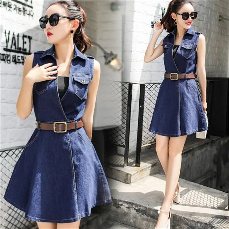 

New sleeveless Summer Dresses for Women Cowboy Shirt Dress Female With Belt Slim Vestido Plus Size Women's Spring Vestidos A0325