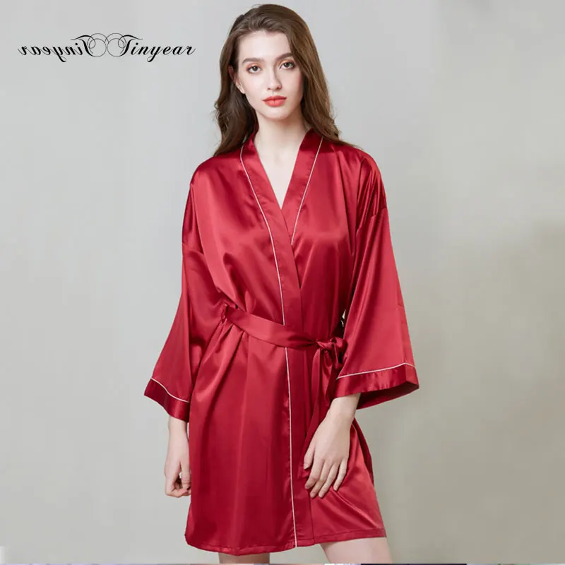 Tinyear 2019 Newest L-2XL Women's Satin Solid Bathing Robe Lingerie Sexy Mini Dress Wedding Bridesmaid Sleepwear Bathrobe | Женская