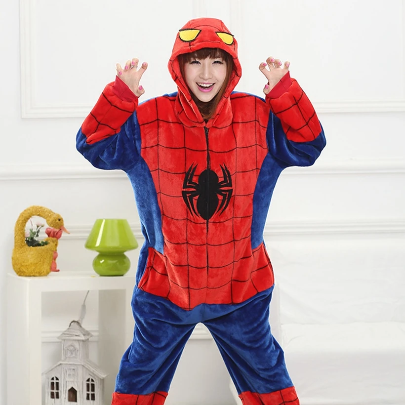 Adults Pajamas Women Flannel Sleepwear Unisex Cute Red Spider Cartoon Animal Pajama Set Hooded Pyjamas Kigurumi