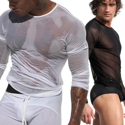 

Fashion Mens Slim Fit Long Sleeve T-Shirts White Black Mesh Muscle Tee T-shirt Casual Tops Clothes