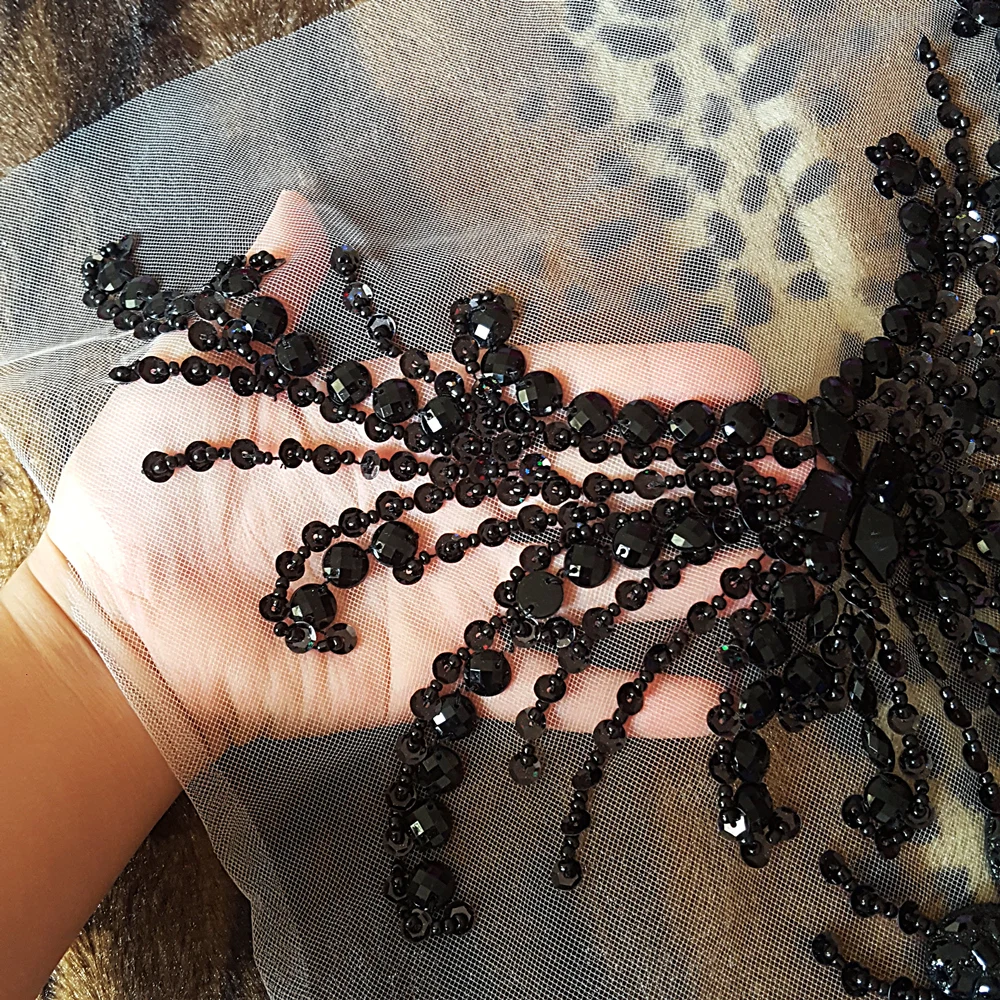 

BLACK Handmade Sumptuous 28x52cm Patches Rhinestones sequins beads Sew on For Dress Delicate Wedding Applique Chest decoration