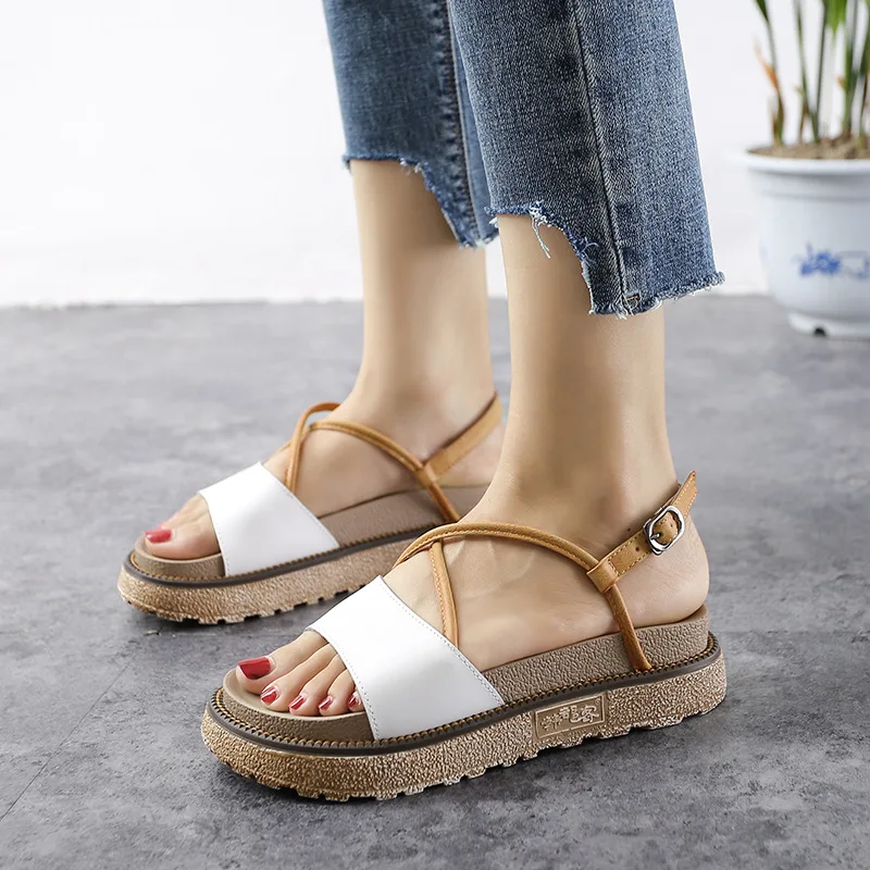 

BORRUICE Summer Sandals Beach Gladiator Thick Bottom Solid Women Shoes Casual Medium Loose Bottom Flat Roman Footwear Shoes