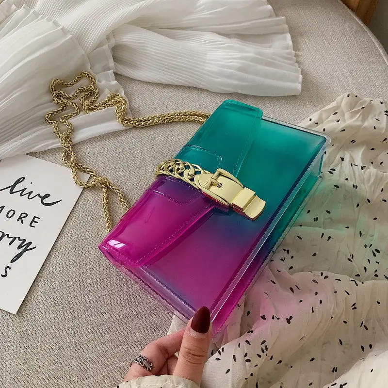 8 Colors Fashion Jelly Bag Casual Panelled Chain Shoulder Messenger Bags Summer Transparent Women Purse and Handbags Channel Bag - Цвет: red green