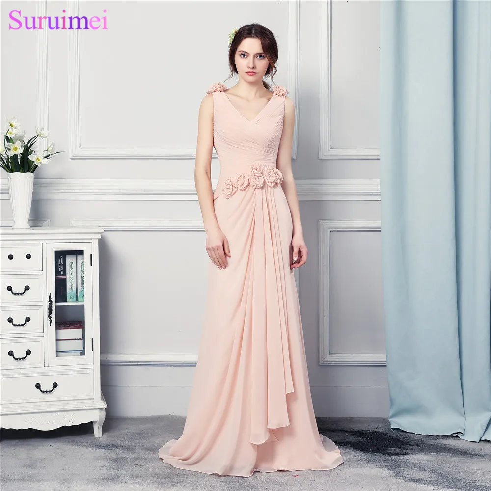 

New Chiffon Cheap Evening Dresses With Handmade Flowers Long Mermaid Pink Evening Gown