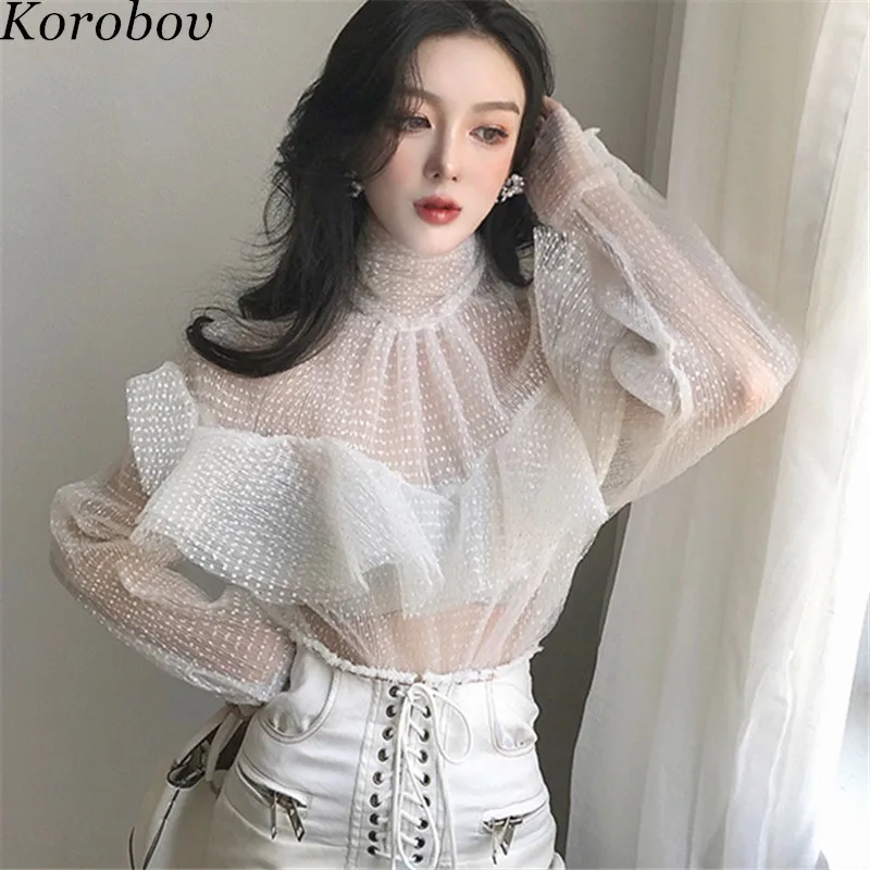 Korobov 2019 Новое поступление для женщин Блузка Стенд Collor горошек сетки Blusas корейский