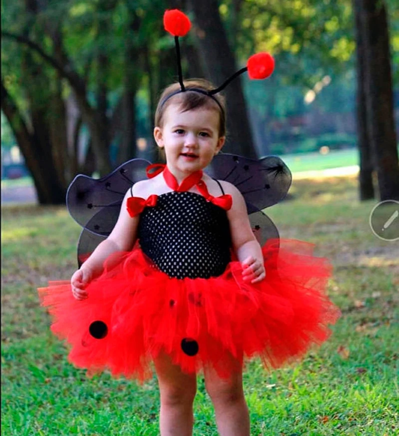 Cute Girls Ladybug Tutu Dress Baby 2Layers Tulle Tutus with Butterfly Wings Set Kids Party Dresses Cartoon Cosplay Costume Cloth | Детская