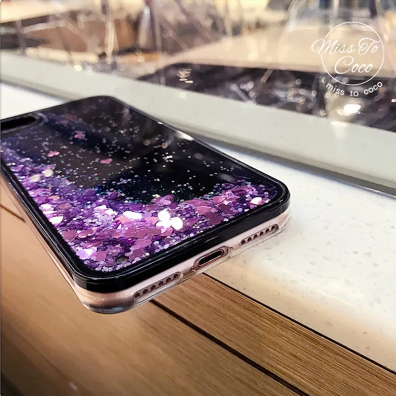 For iPhone 6 6S 7 8 Plus Case Glitter Bling Liquid Love Heart Quicksand Black for X XR XS MAX Soft Silicon |