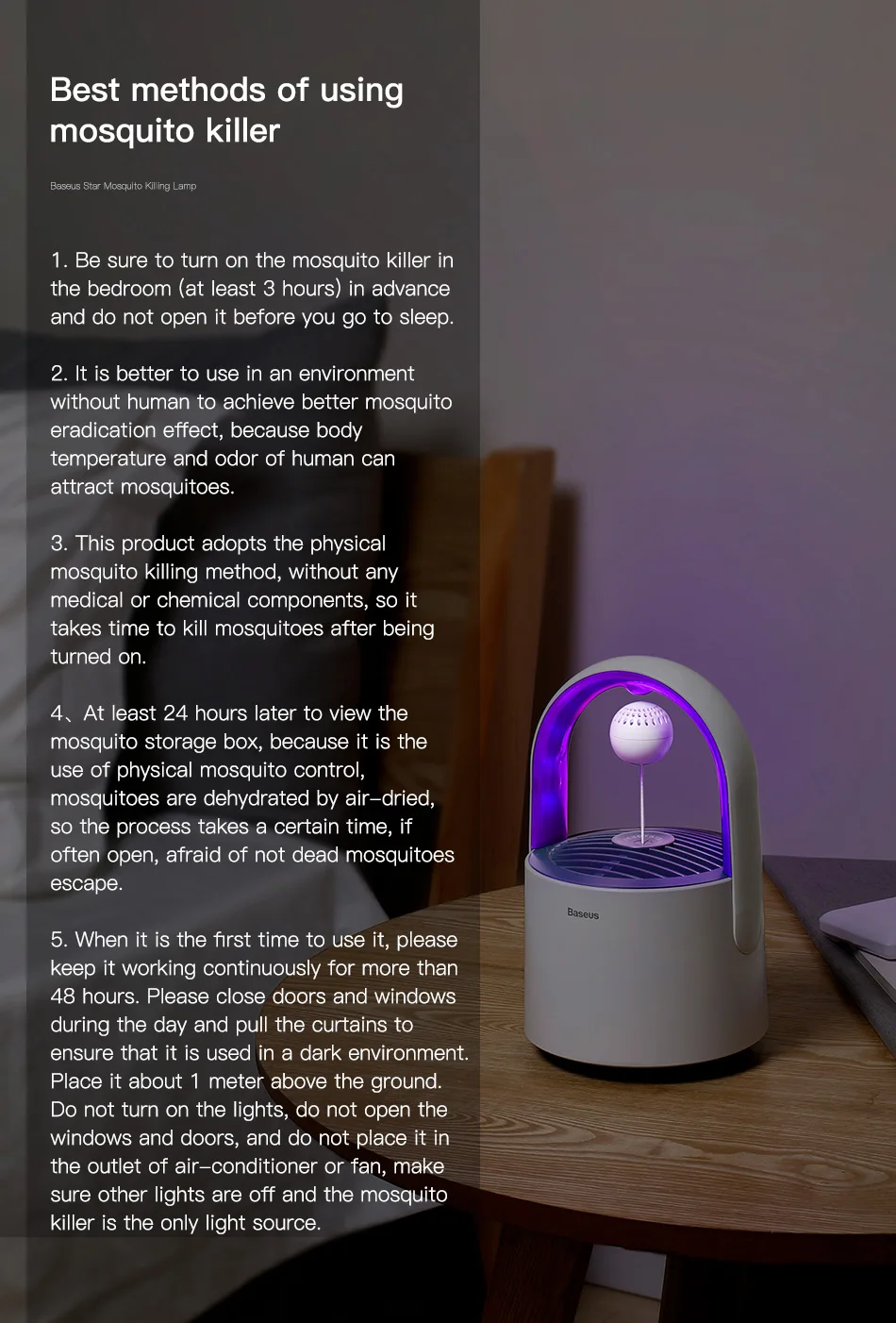 Baseus USB электрическая лампа для уничтожения комаров, Электрический светодиодный светильник-ловушка для помещений, УФ-светильник для дома от комаров, насекомых
