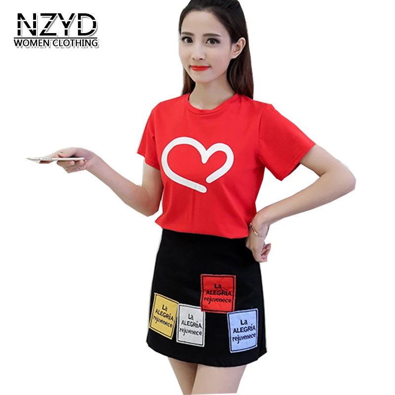 2018 летние женские комплекты новый стиль модная футболка с принтом + юбка костюмы